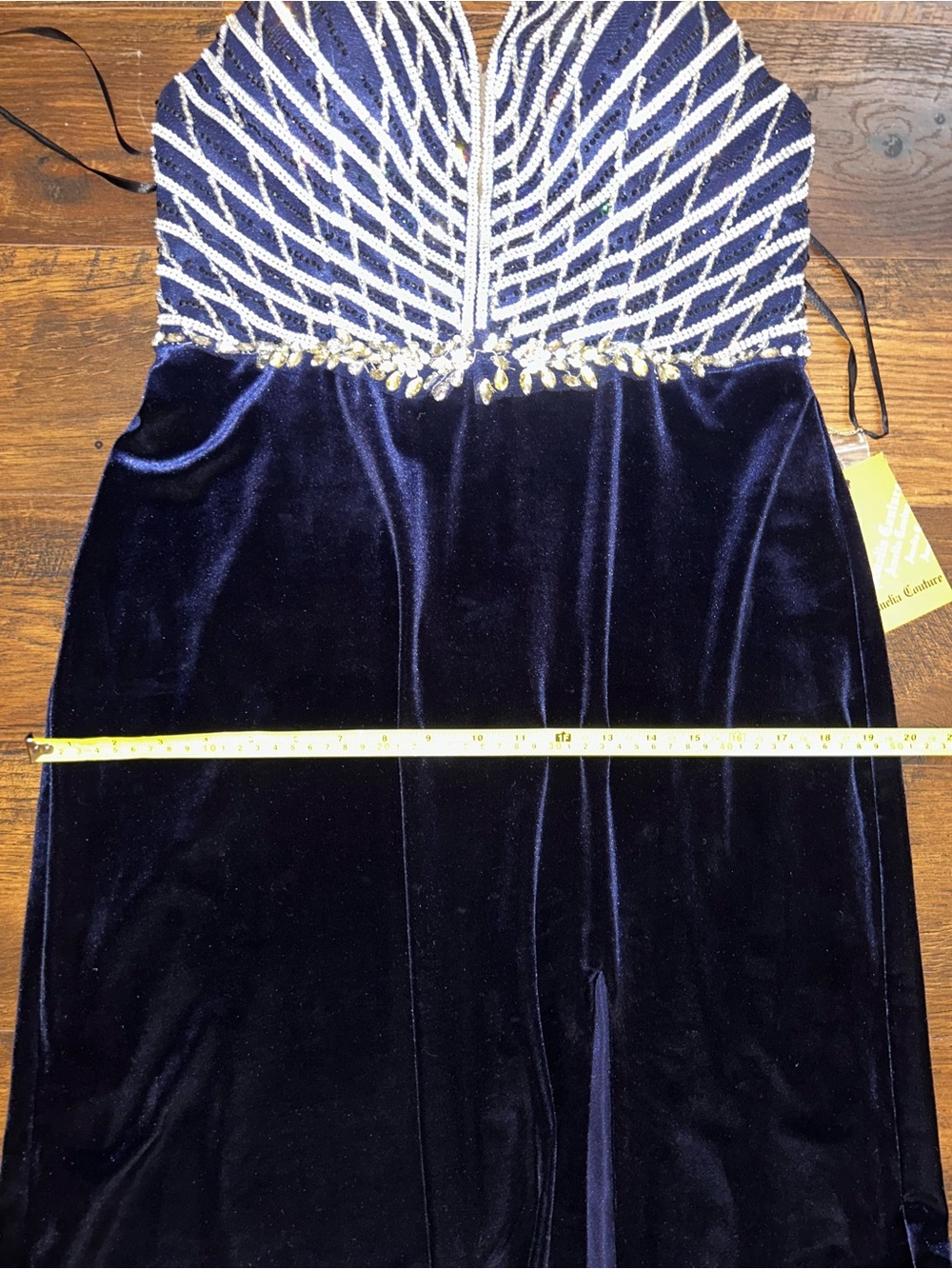 Amelia Couture Navy Velvet Halter Formal Dress with Beaded Bodice - Picture 12 of 16
